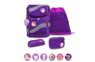 Belmil Smarty Schulranzen Set 5-teilig "Purple Sky" mit Brustgurt, Hüftgurt, Magnetverschluss, Patch Set 6 Stück Purple Sky