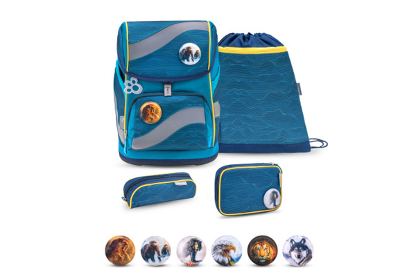 Belmil Smarty Schulranzen Set 5-teilig "Waves Orange" mit Brustgurt, Hüftgurt, Magnetverschluss, Patch Set 6 Stück Waves Orange
                                                    